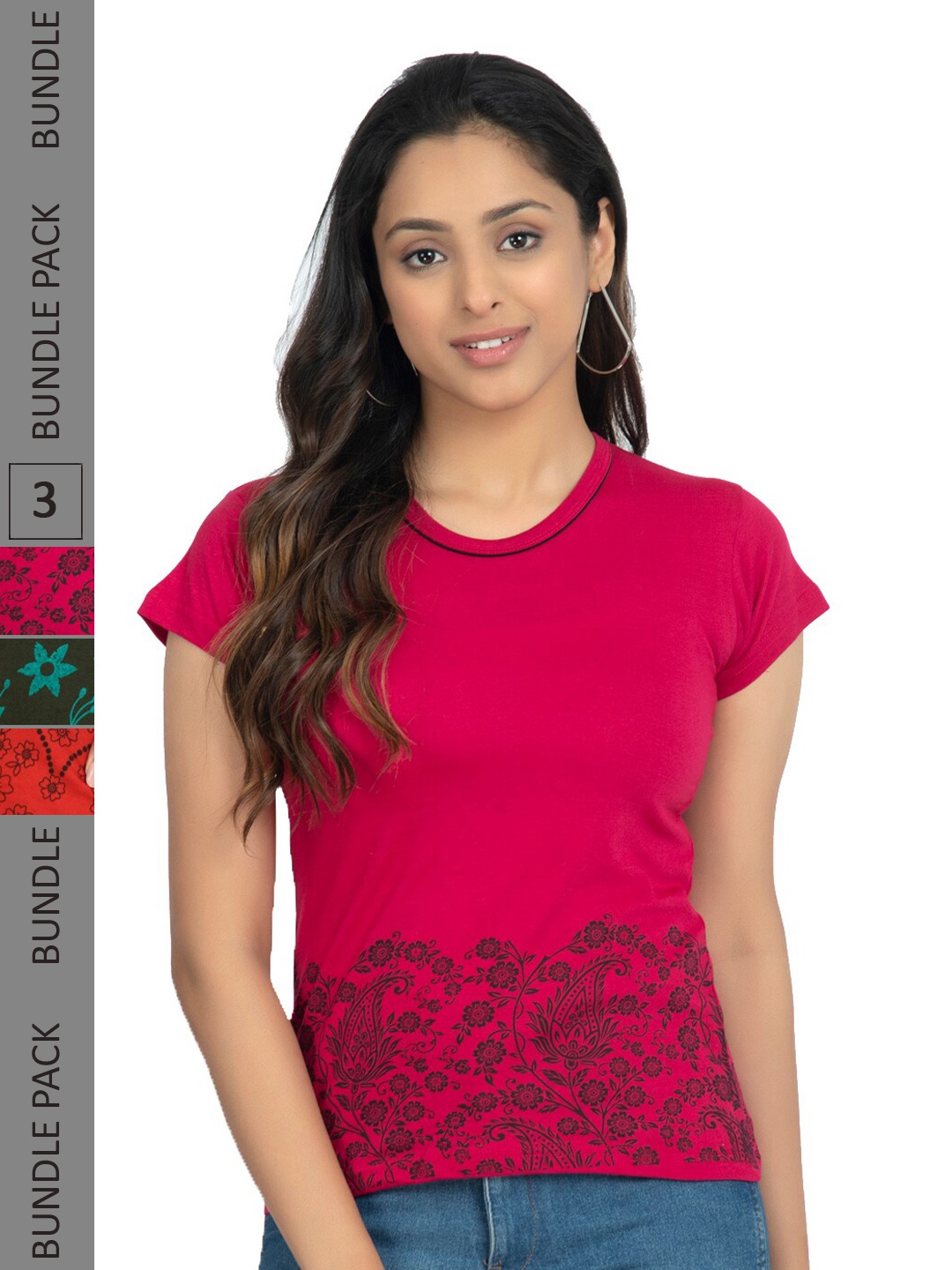 

IndiWeaves Pack Of 3 Floral Printed Pure Cotton T-shirt, Red