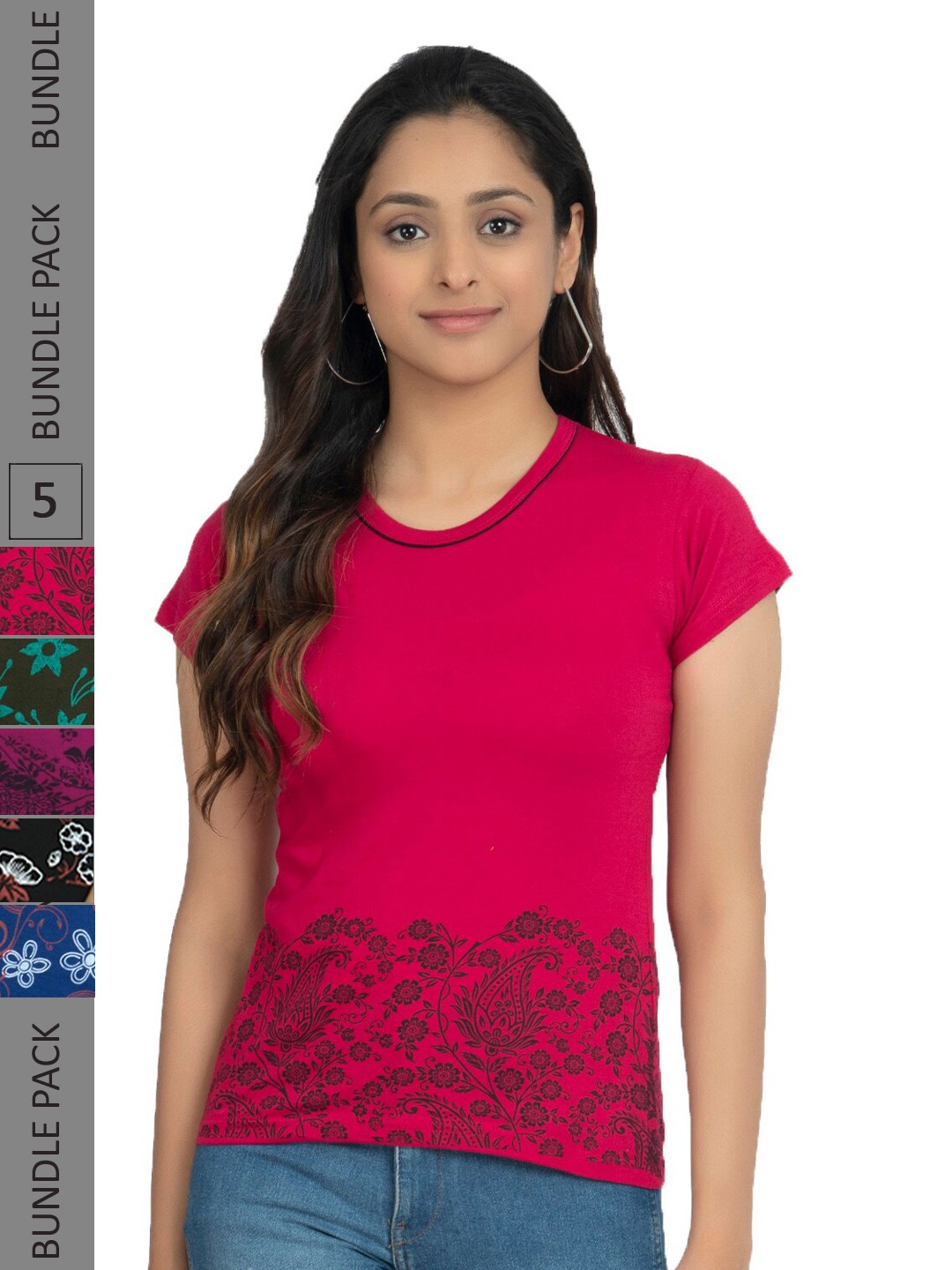 

IndiWeaves Pack Of 5 Floral Printed Pure Cotton T-shirt, Red