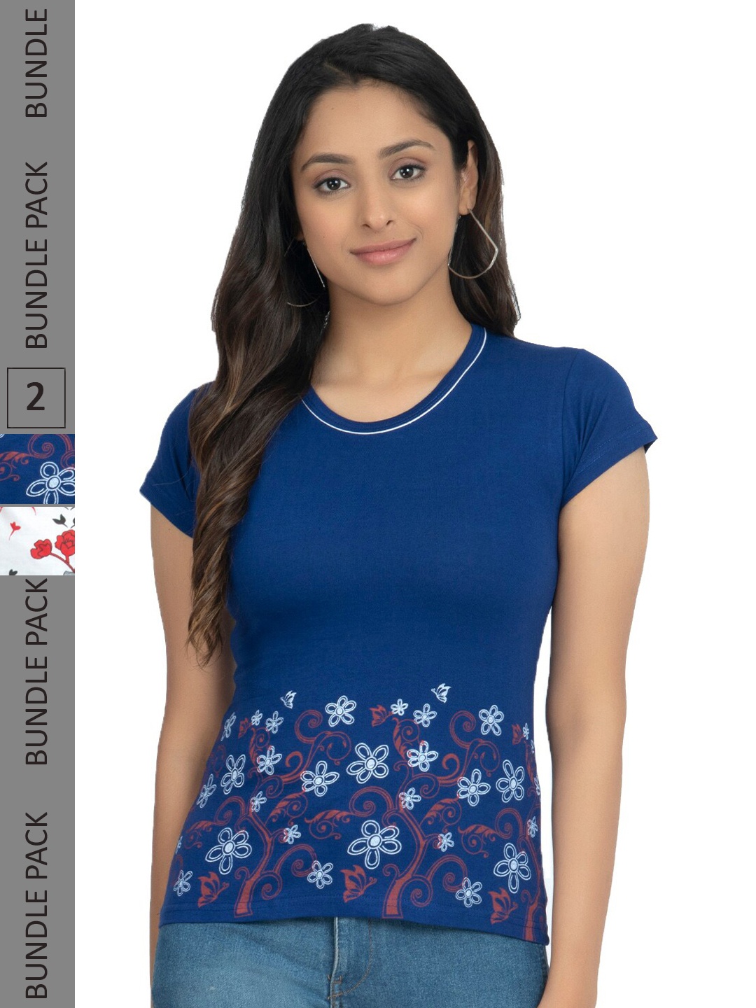 

IndiWeaves Pack Of 2 Floral Printed Pure Cotton T-shirt, Blue