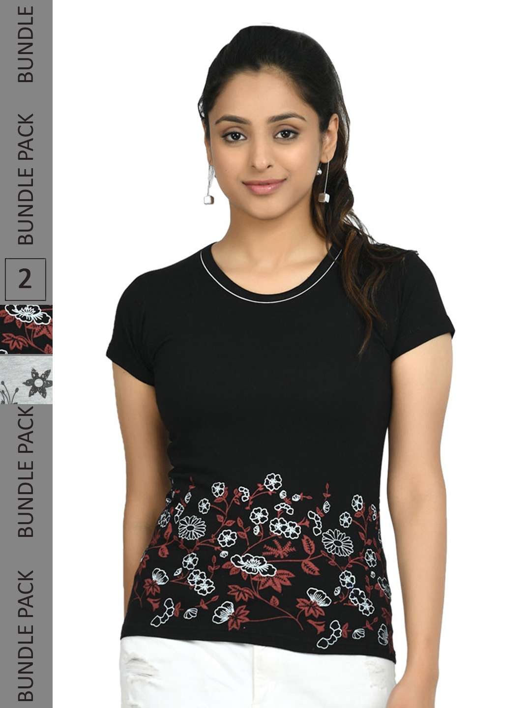 

IndiWeaves Pack Of 2 Printed Casual Pure Cotton T-shirts, Black
