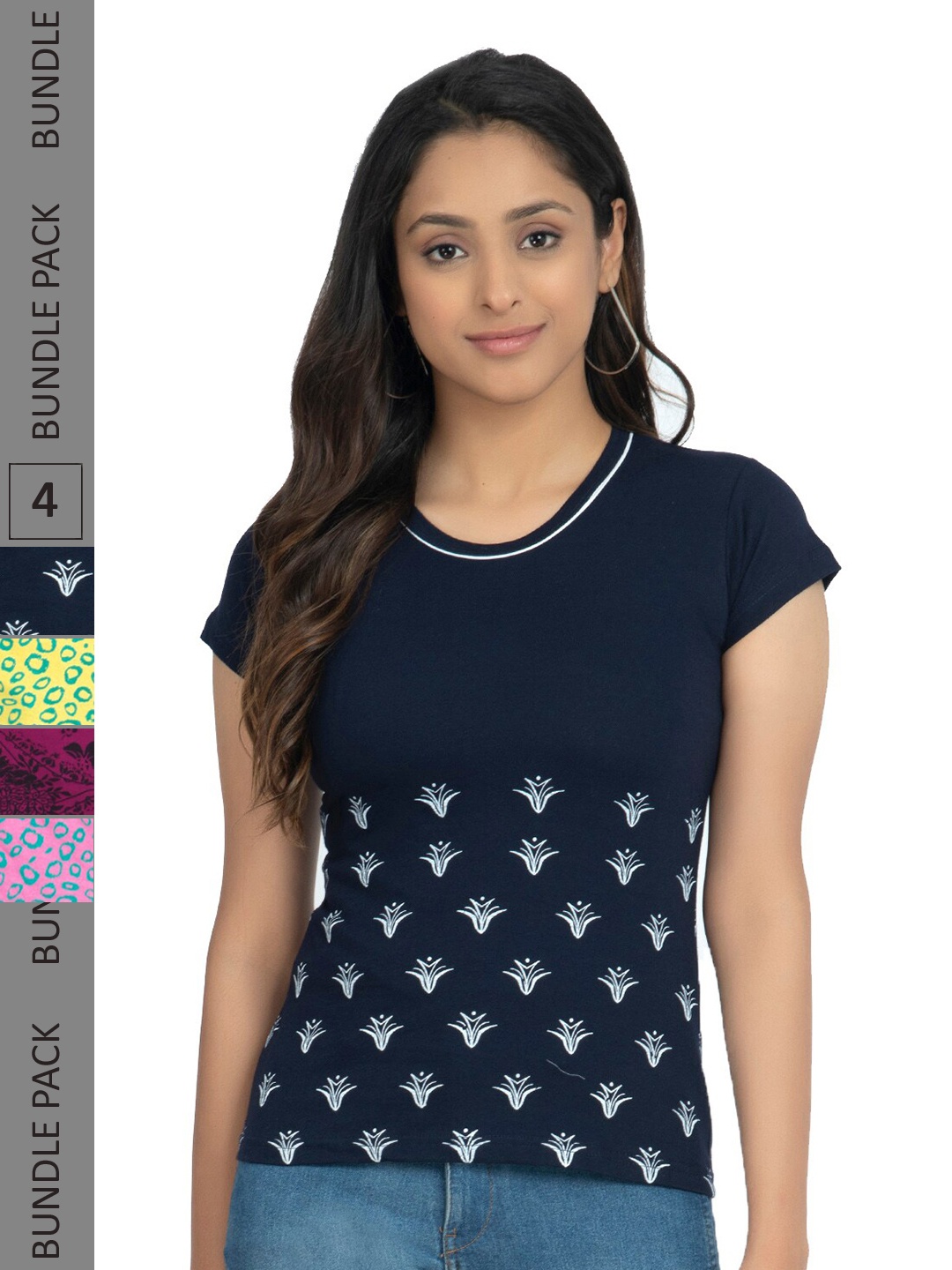 

IndiWeaves Pack Of 4 Printed Pure Cotton T-shirt, Navy blue
