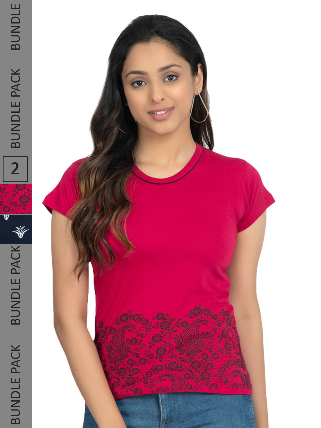 

IndiWeaves Pack Of 2 Floral Printed Pure Cotton T-shirt, Pink