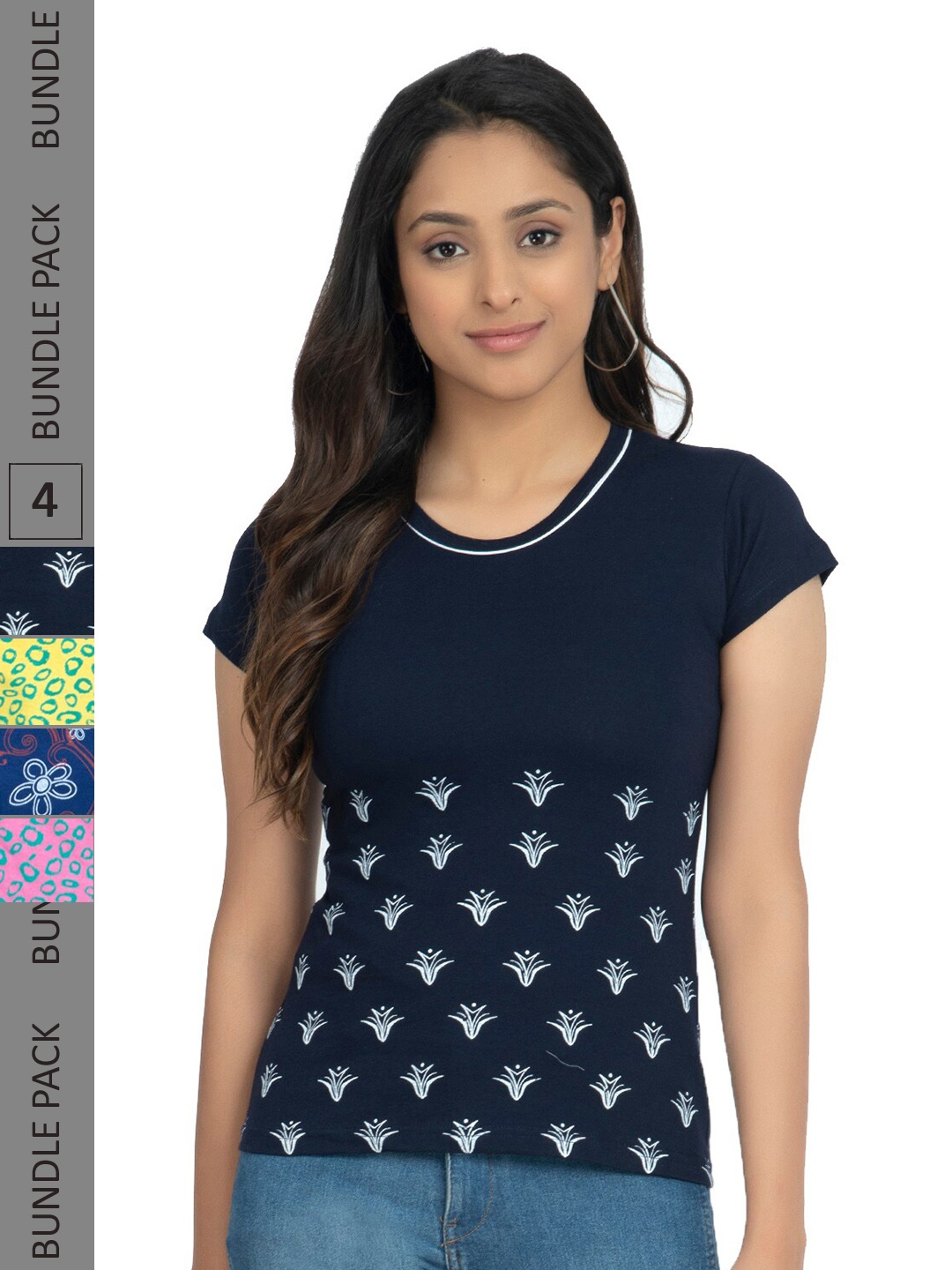 

IndiWeaves Pack Of 4 Floral Printed Pure Cotton T-shirt, Navy blue