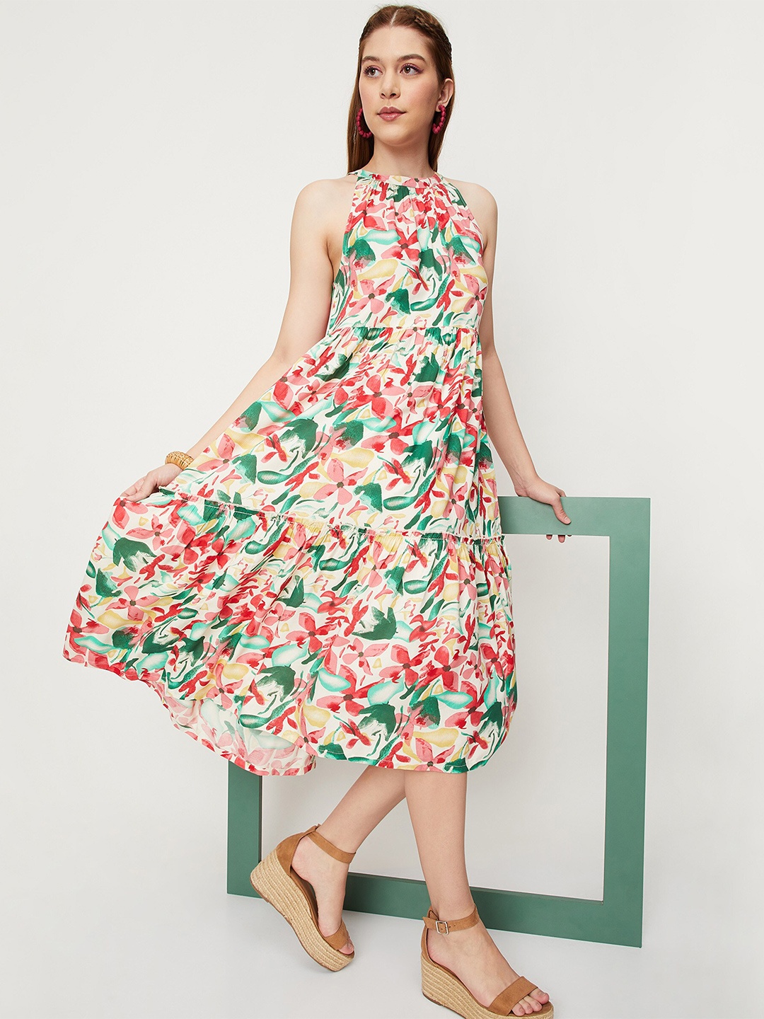 

max Floral Printed A-Line Tired Dress, Cream