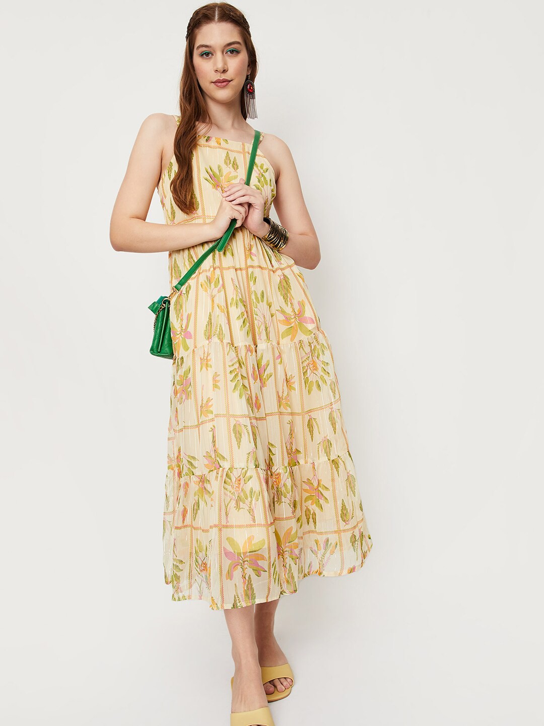

max Floral Printed Shoulder Straps Maxi Dress, Beige