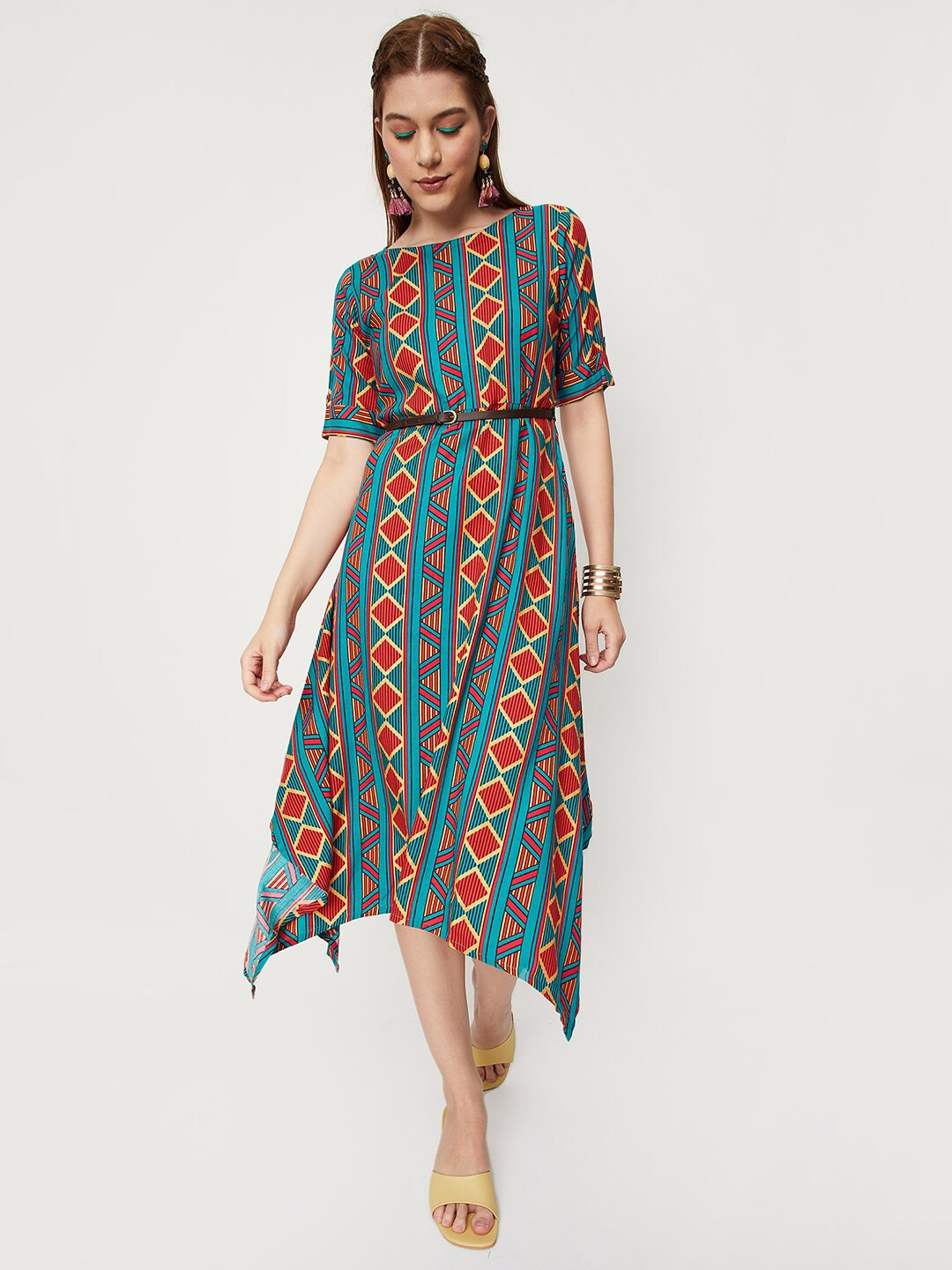 

max Geometric Print A-Line Midi Dress, Black