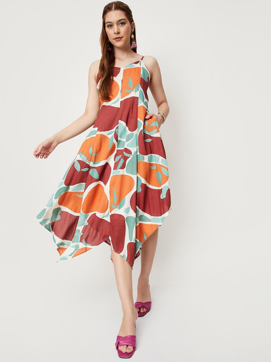 

max Abstract Printed Fit & Flare Midi Dress, Brown