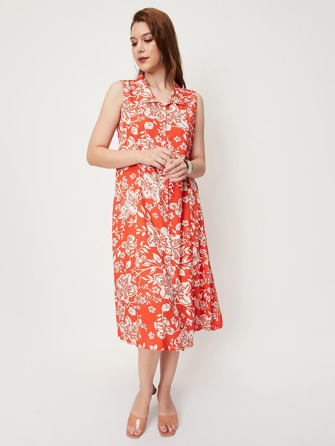 

max Floral Printed Shirt Collar Sleeveless A-Line Dress, Orange