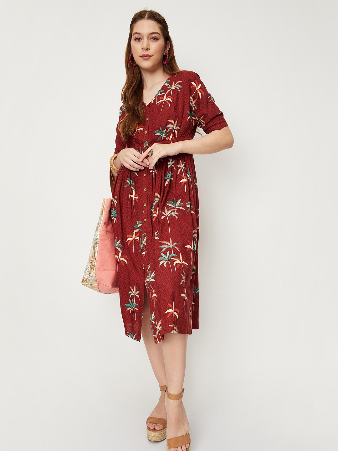 

max Floral Printed V-Neck Midi Shirt Style Dress, Brown