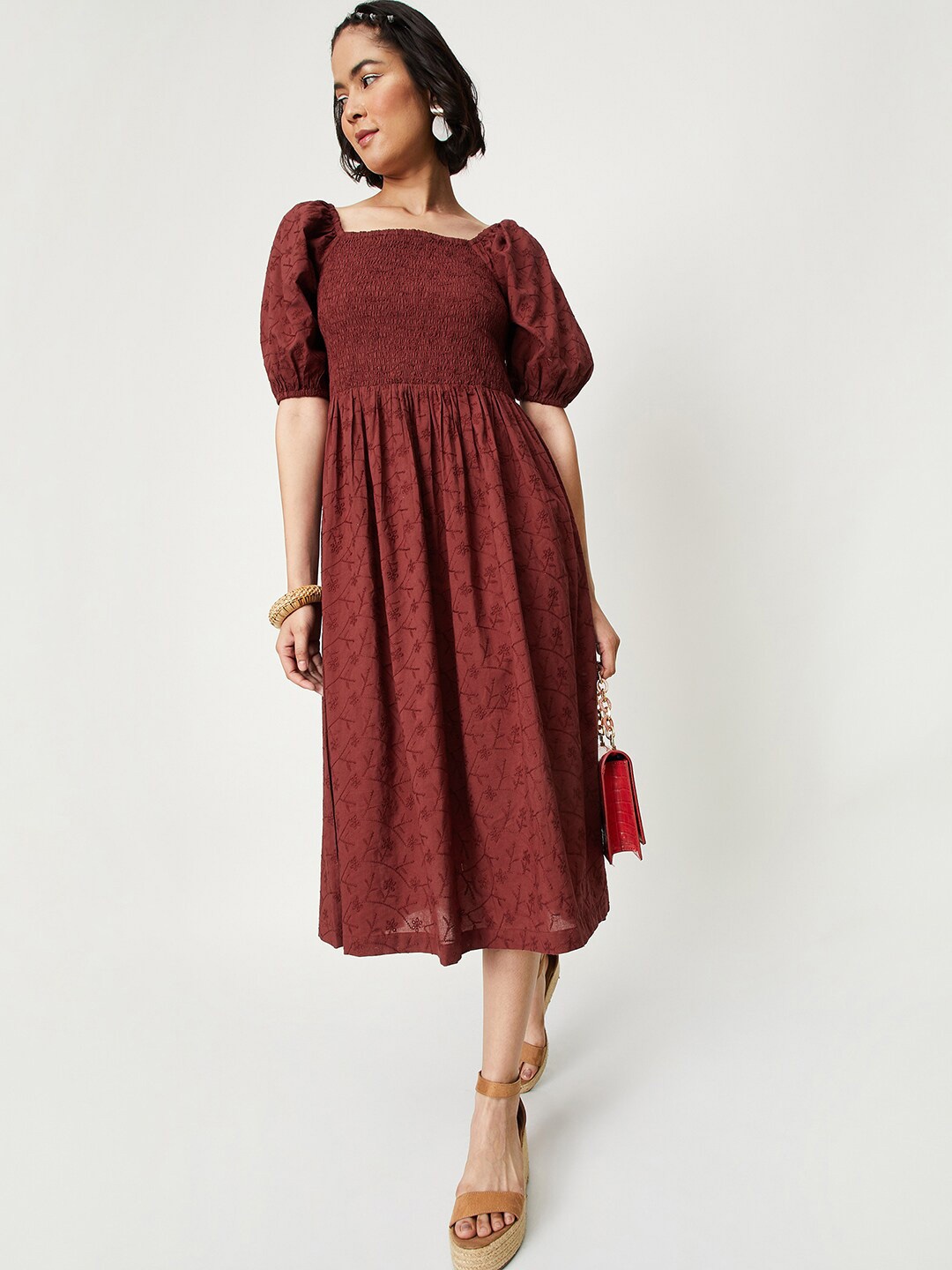 

max Polka Dot Puff Sleeve Fit & Flare Midi Dress, Burgundy