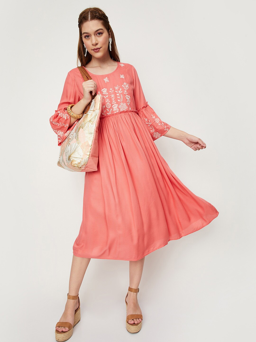 

max Bell Sleeve A-Line Midi Dress, Pink