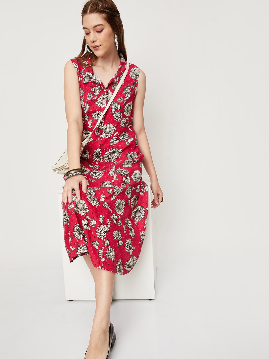 

max Floral Printed Shirt Collar Sleeveless A-Line Dress, Red