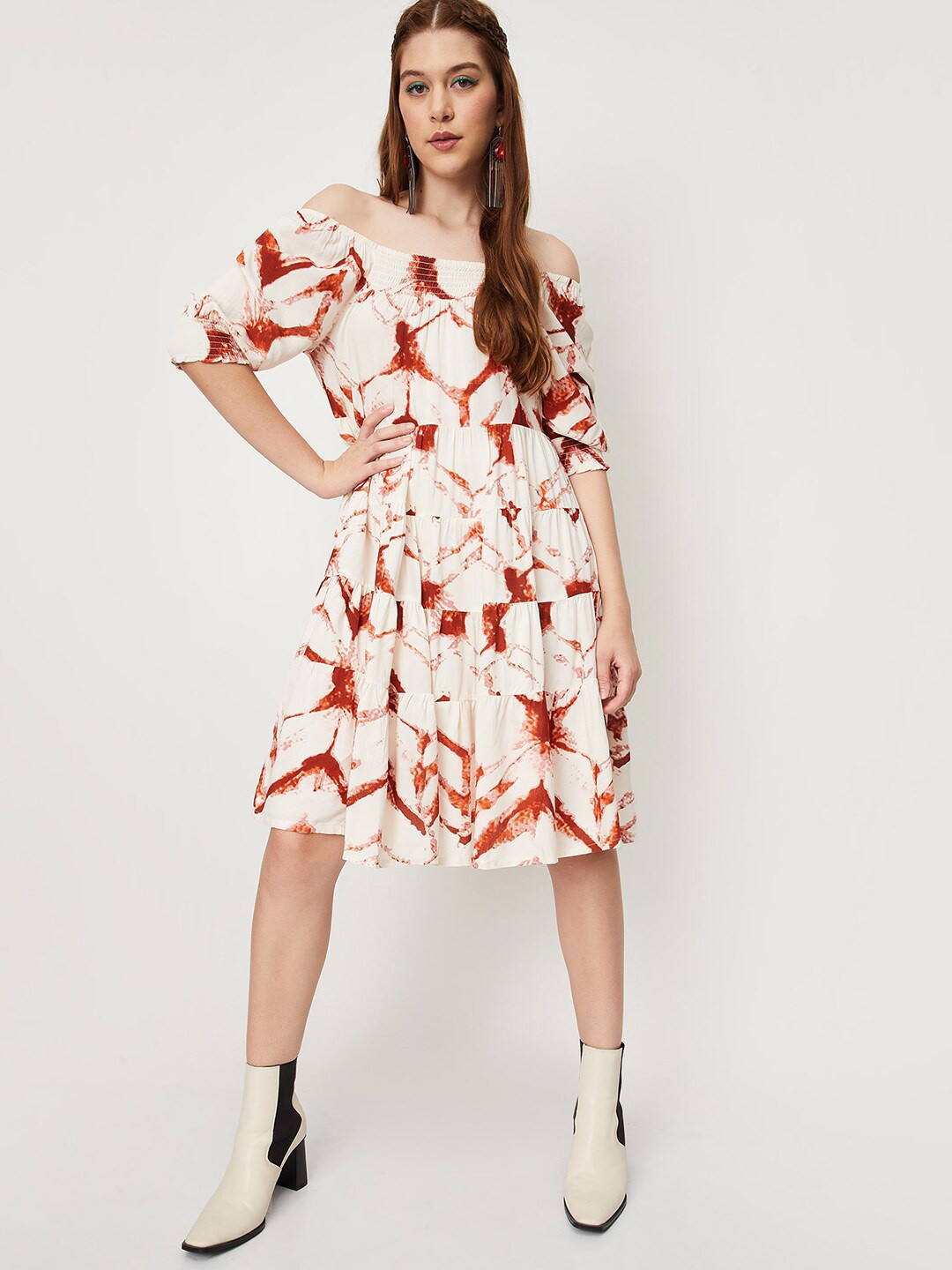 

max Abstract Printed Off-Shoulder Puff Sleeves Fit & Flare Dress, White