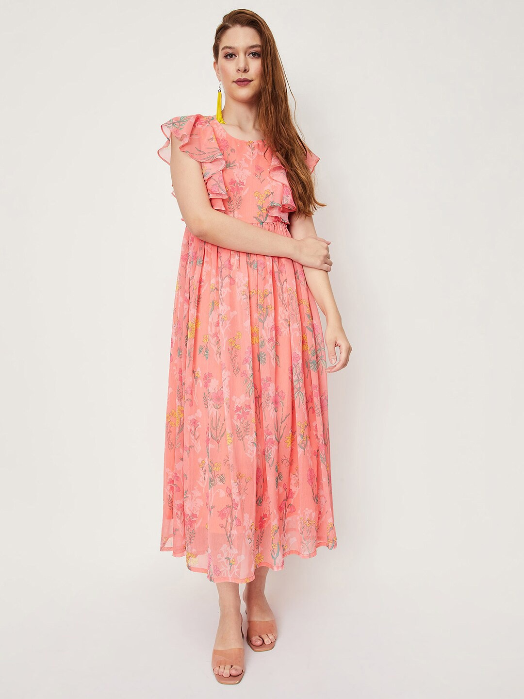 

max Floral Printed Flutter Sleeves Maxi Dress, Peach