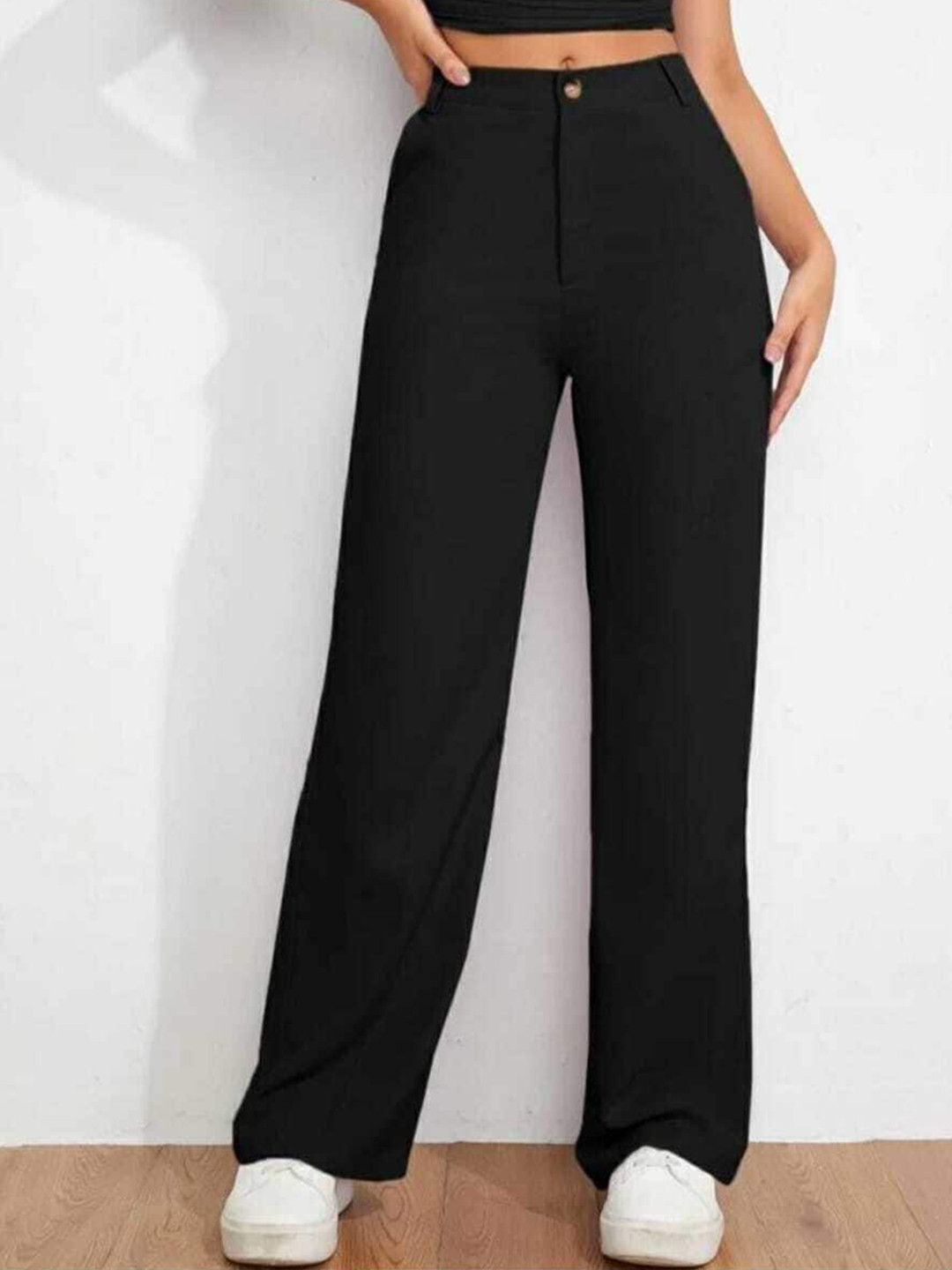 

BROADSTAR Women Smart Straight Fit Wide Leg High-Rise Stretchable Parallel Trousers, Black
