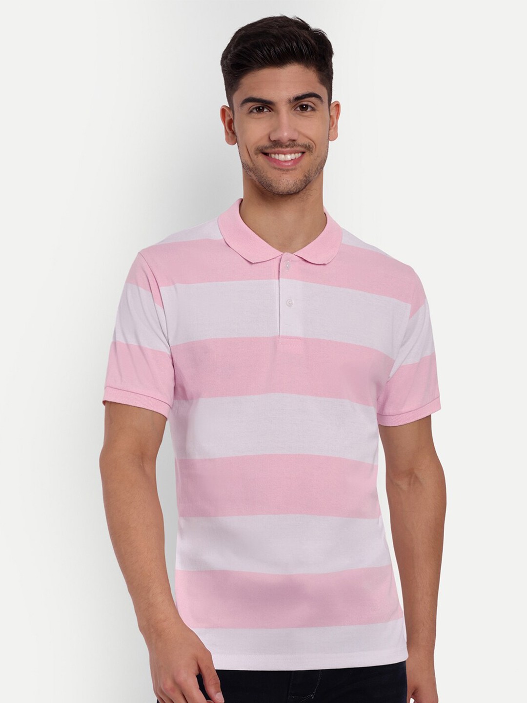 

SIAPA Striped Polo Collar Anti Odour Pure Cotton T-shirt, Pink