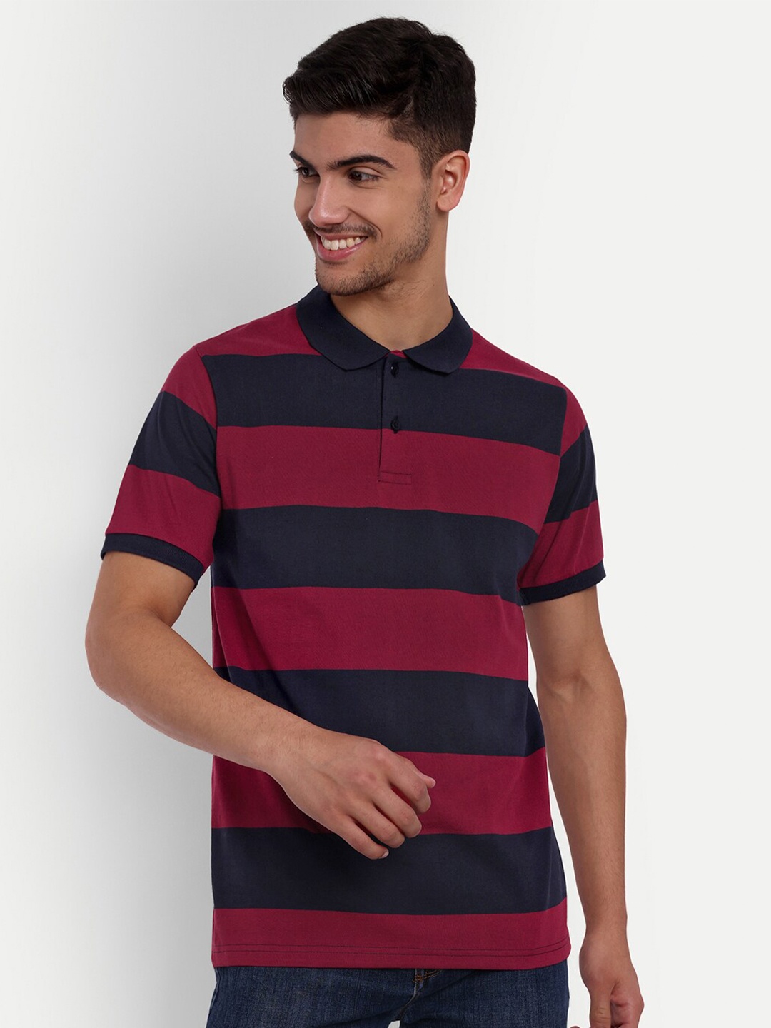 

SIAPA Striped Peter Pan Collar Anti Odour Pure Cotton T-shirt, Navy blue