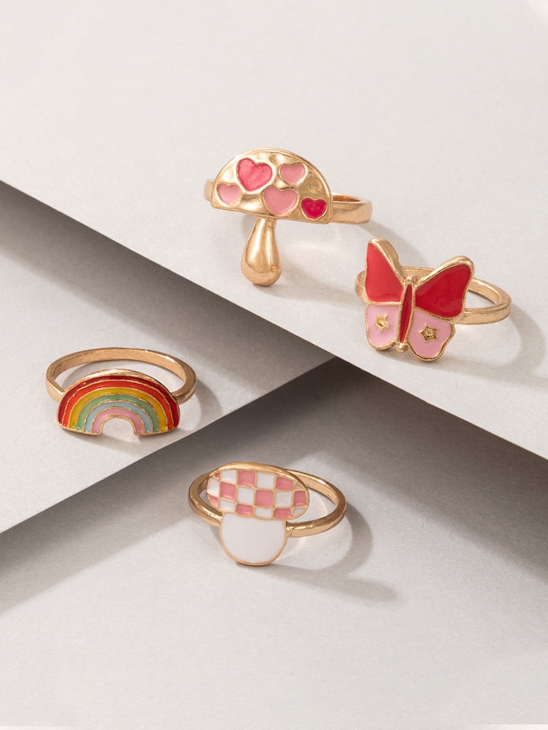 

DressBerry Gold toned & Pink Set Of 4 Gold-Plated Enameled Finger Rings