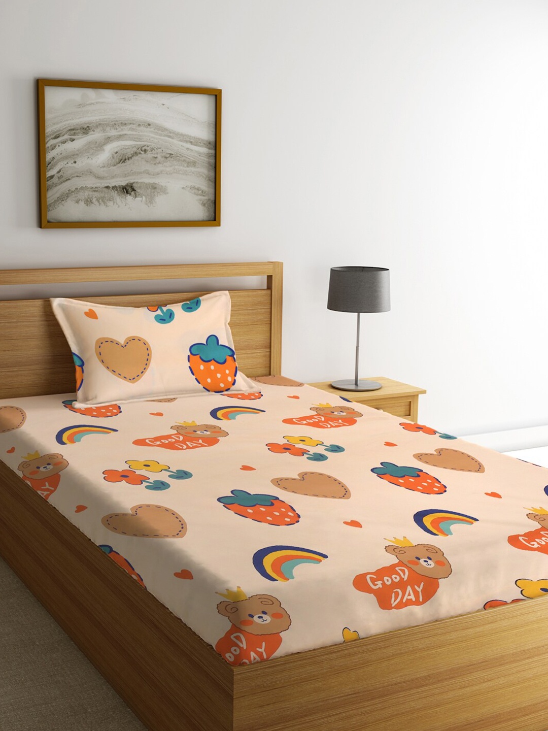 

FABINALIV Peach-Coloured Cartoon Characters 300 TC Single Bedsheet & 1 Pillow Cover