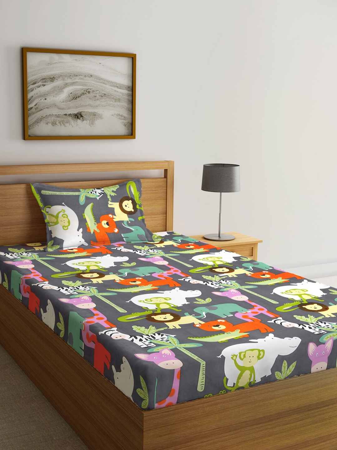 

FABINALIV Grey & Orange Cartoon Characters 300 TC Single Bedsheet With 1 Pillow Cover