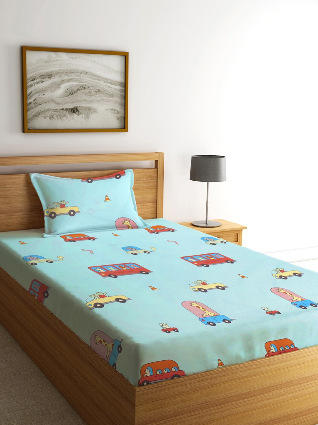 

FABINALIV Blue & Red Cartoon Characters 300 TC Single Bedsheet With 1 Pillow Cover
