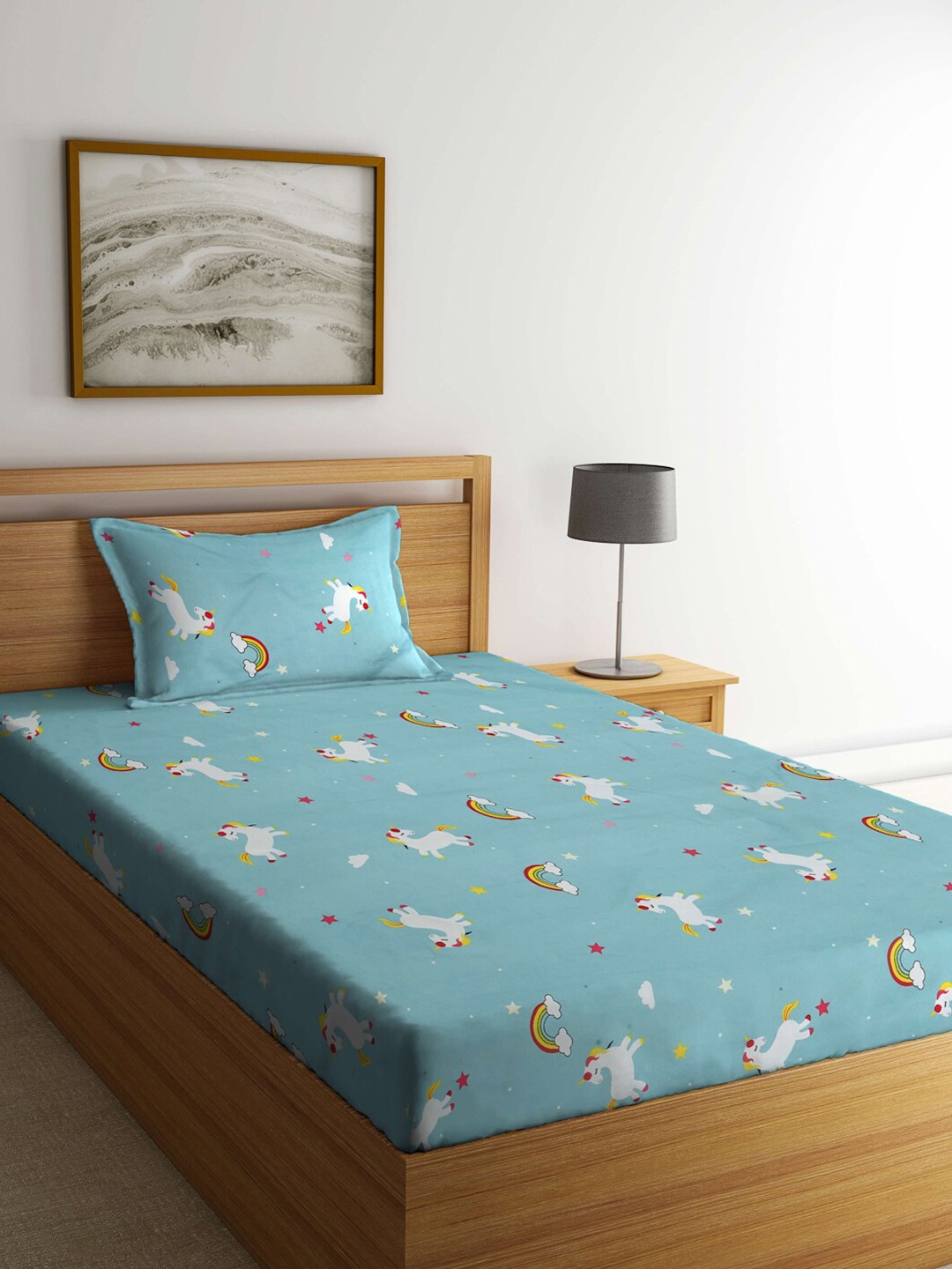 

FABINALIV Blue & White Cartoon Characters 300 TC Single Bedsheet With 1 Pillow Cover