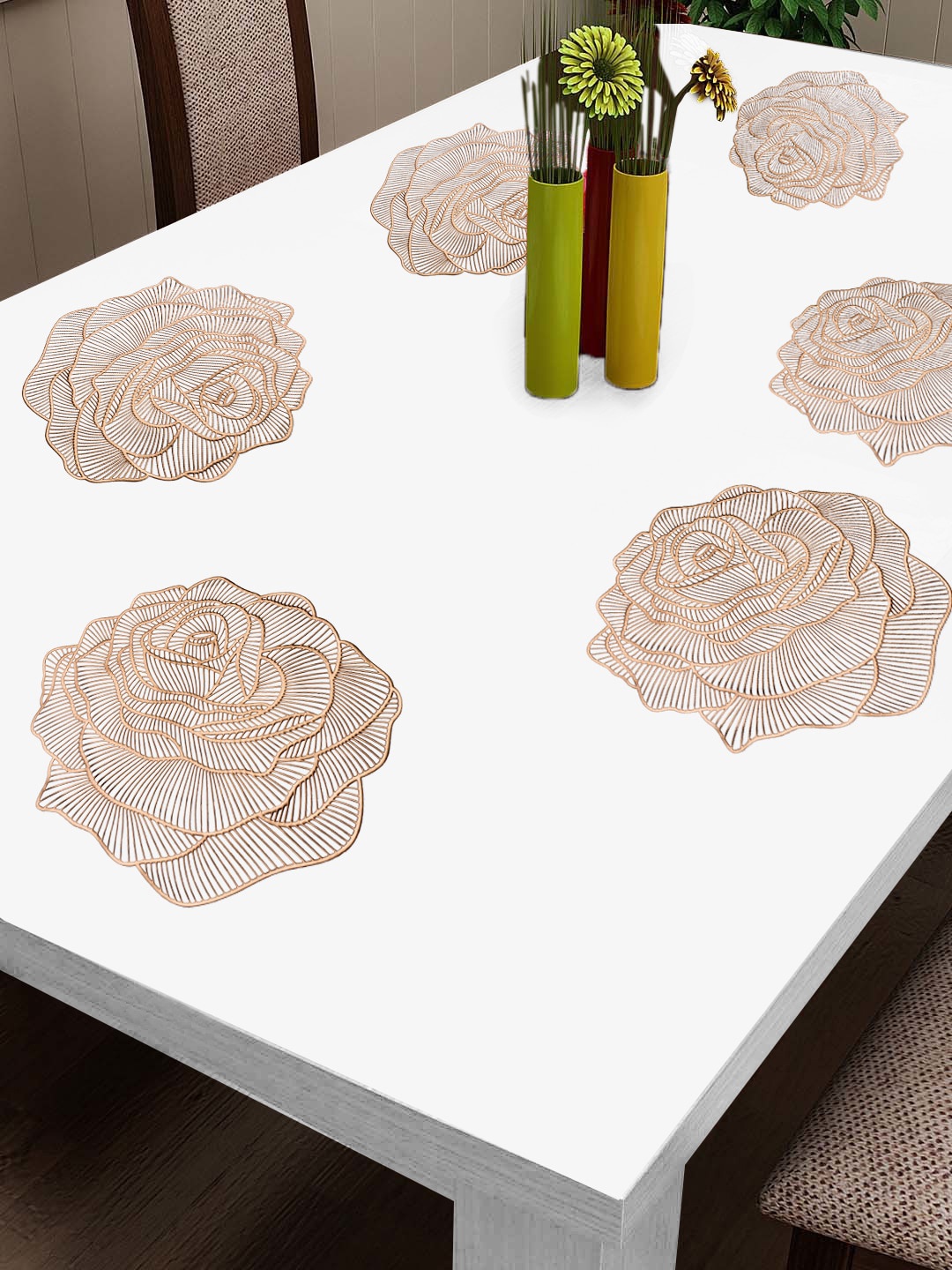 

FABINALIV Golden Toned 6 Pieces Rose Shape Textured PVC Table Placemats, Gold