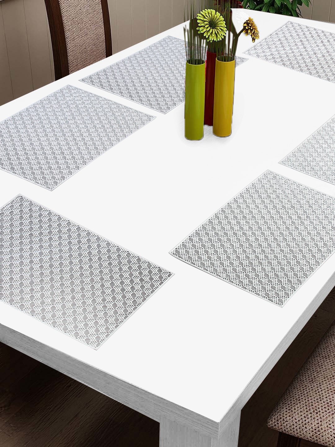 

FABINALIV Silver Colored 6 Pieces Textured Table Placemats