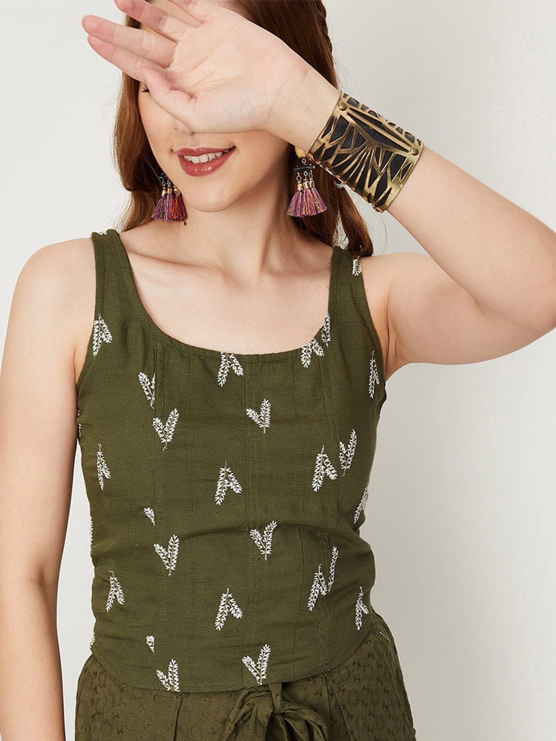 

max Floral Embroidered Scoop Neck Top, Green