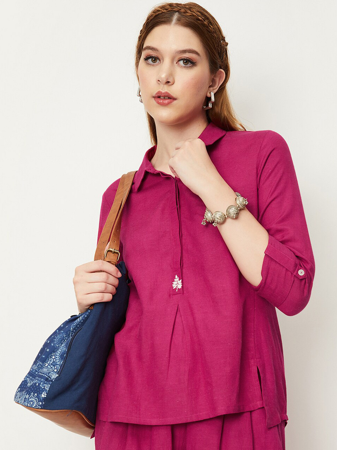 

max Shirt Collar Roll-Up Sleeves Shirt Style Top, Burgundy