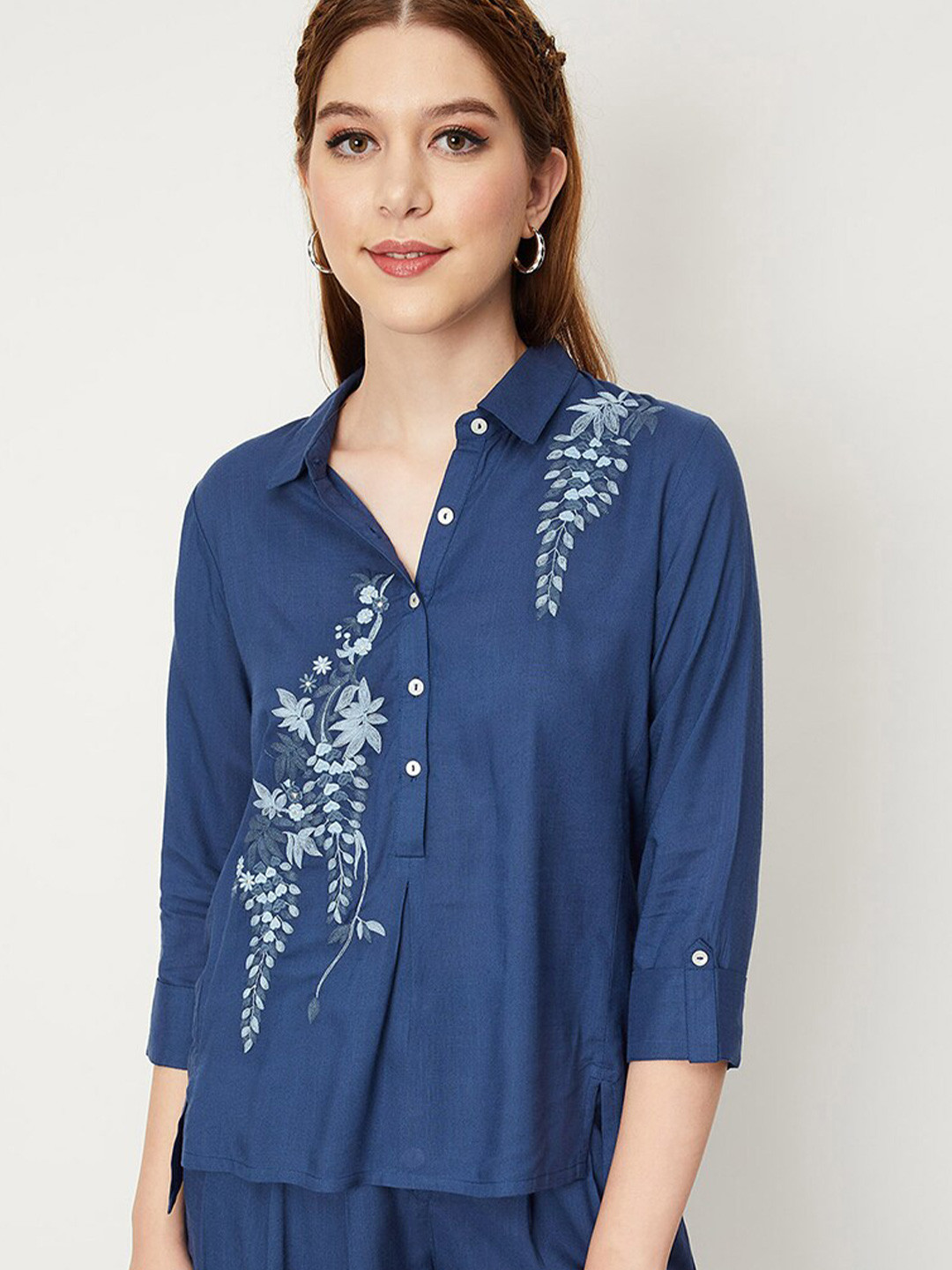

max Floral Embroidered Shirt Style Top, Navy blue