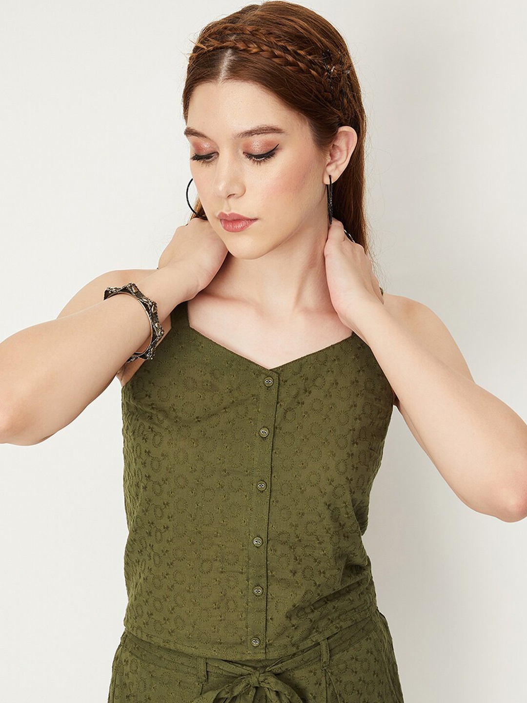 

max Floral Embroidered Pure Cotton Top, Olive