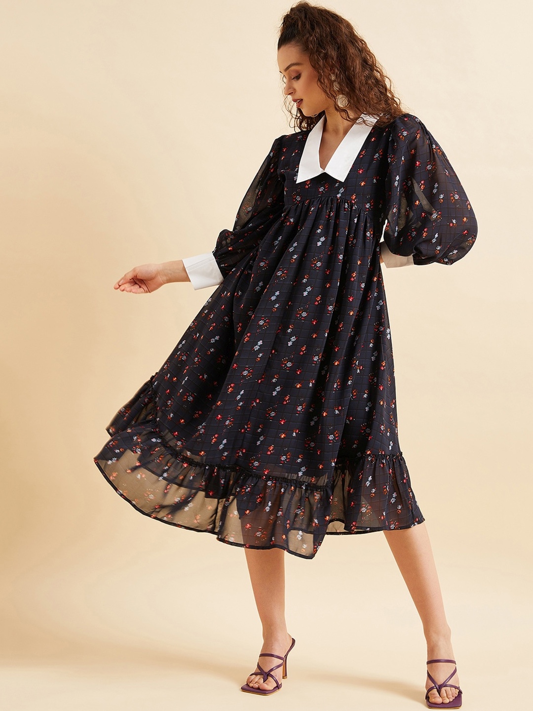 

PANIT Floral Printed Puff Sleeve Ruffled Georgette Fit & Flare Midi Dress, Navy blue