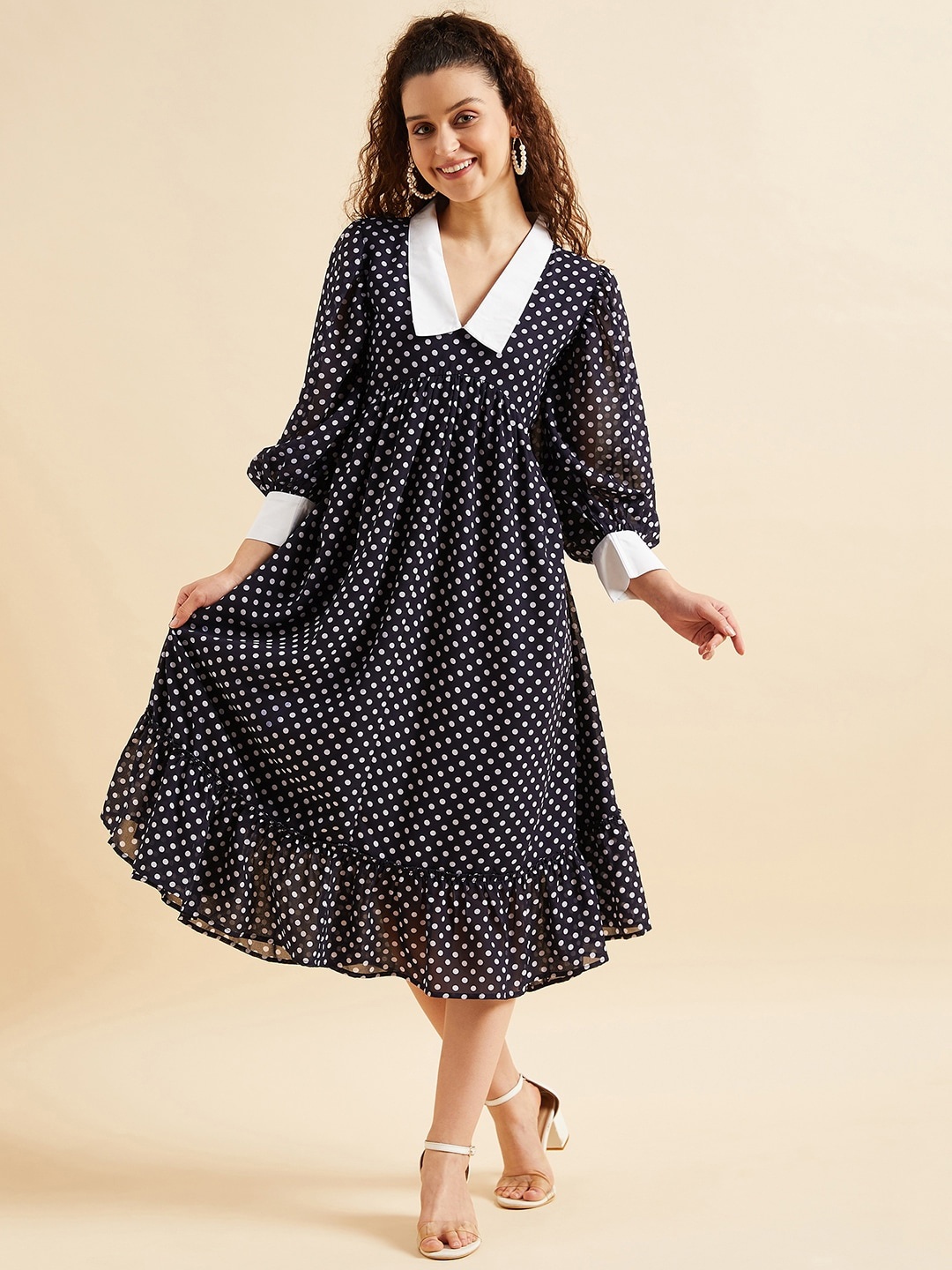 

PANIT Polka Dots Printed Puff Sleeve Ruffled Georgette Fit & Flare Midi Dress, Navy blue