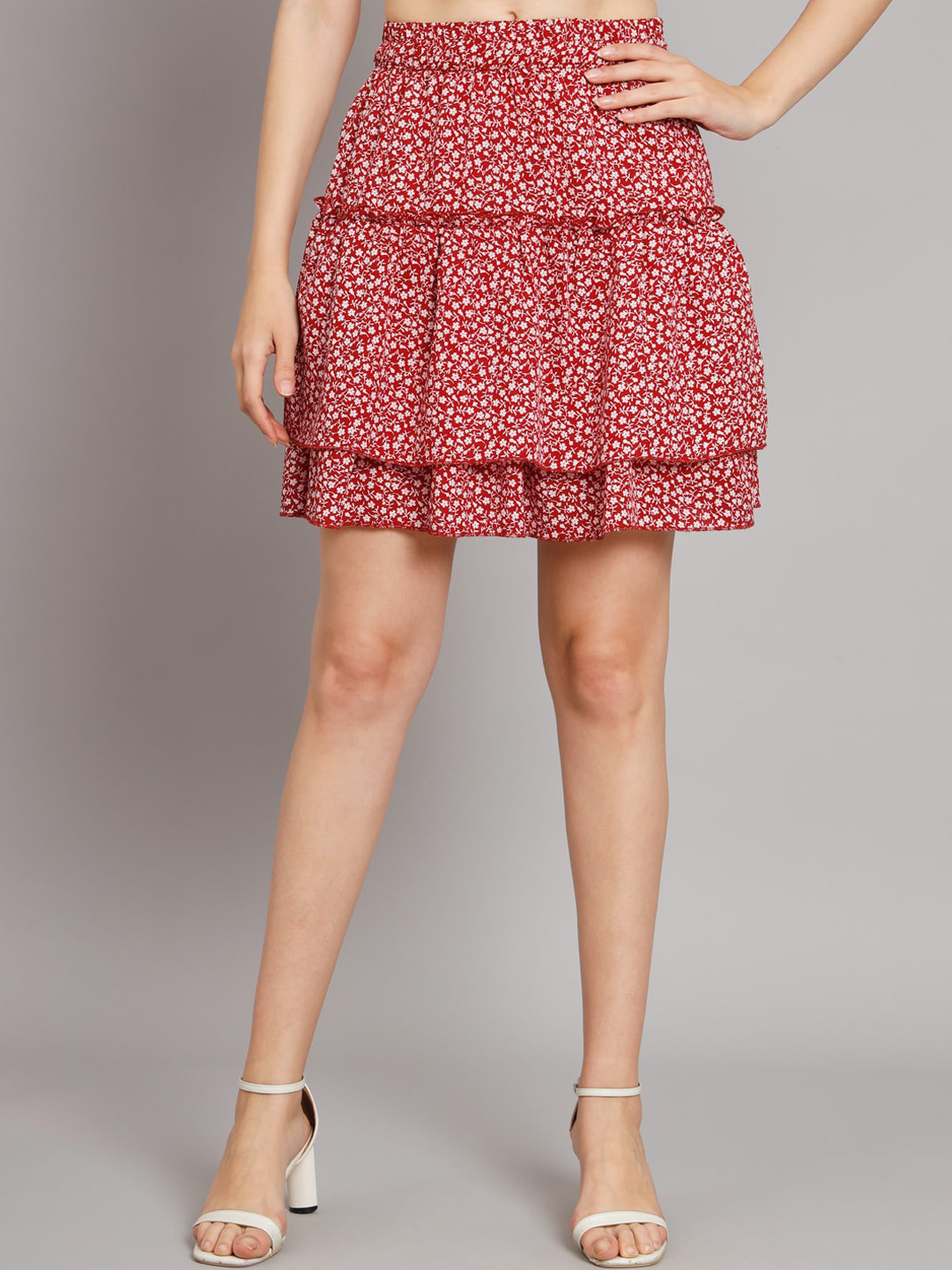 

Funday Fashion Floral Printed Tiered Cotton Flared Skirt, Red