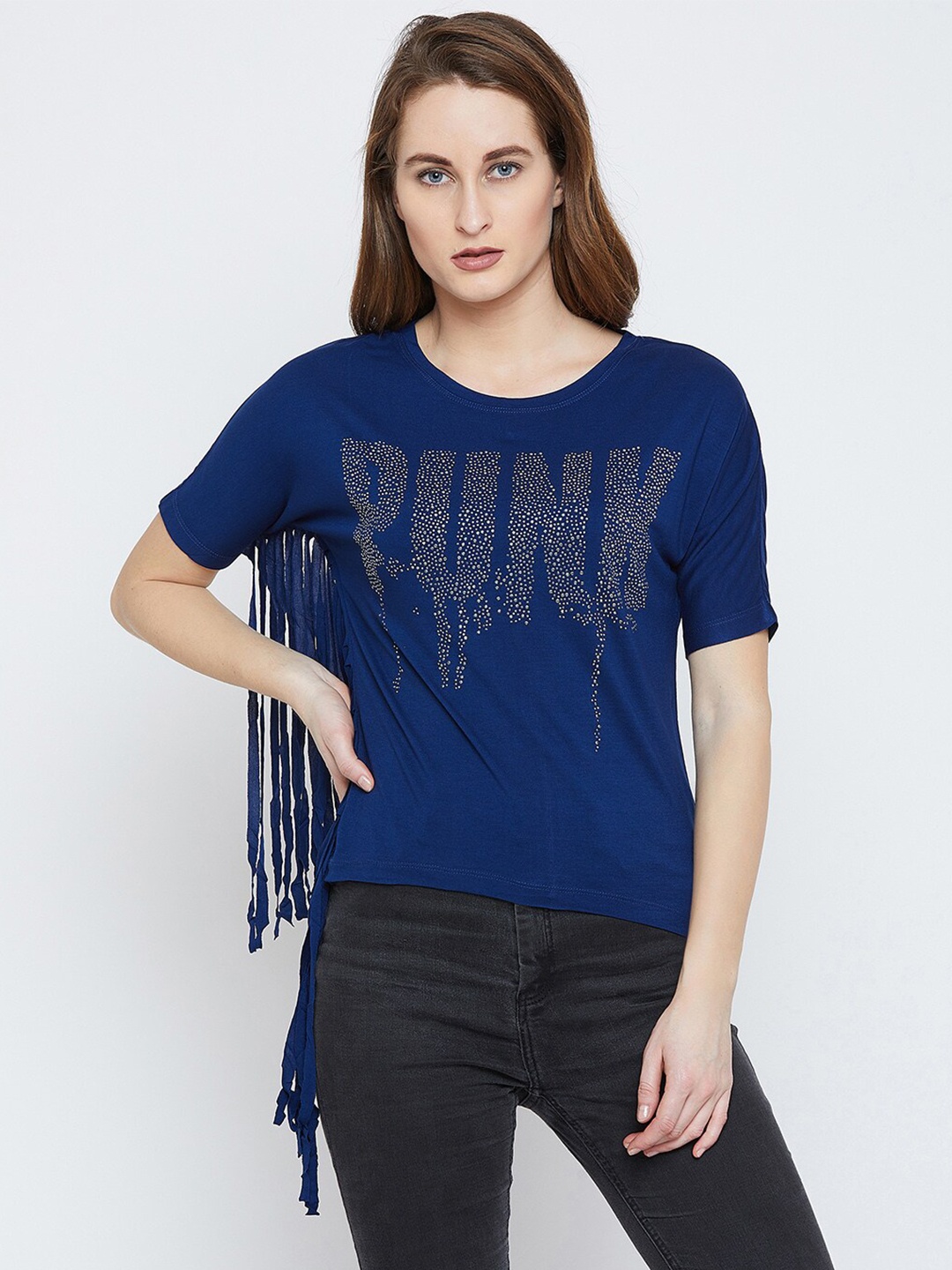 

PUNK Round Neck Embellished Cotton T-shirt, Blue