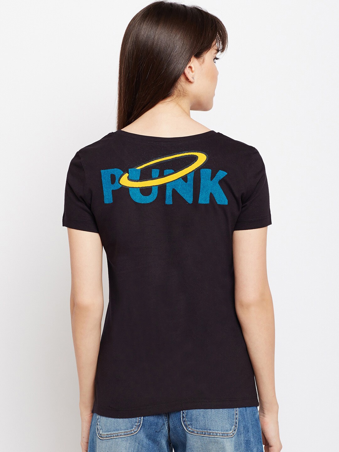 

PUNK Graphic Printed Round Neck Cotton T-shirt, Black