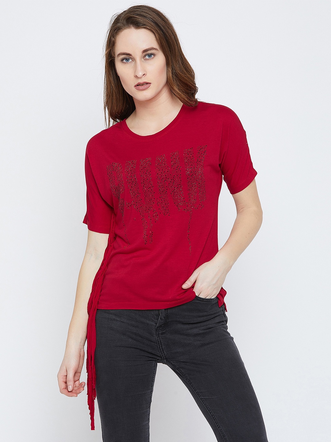 

PUNK Embellished Side fringe Cotton T-shirt, Red
