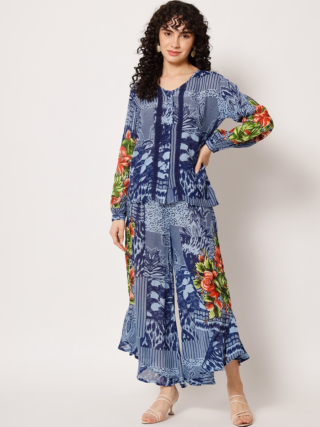 

VELDRESS Women Floral Printed Top with Palazzos, Blue