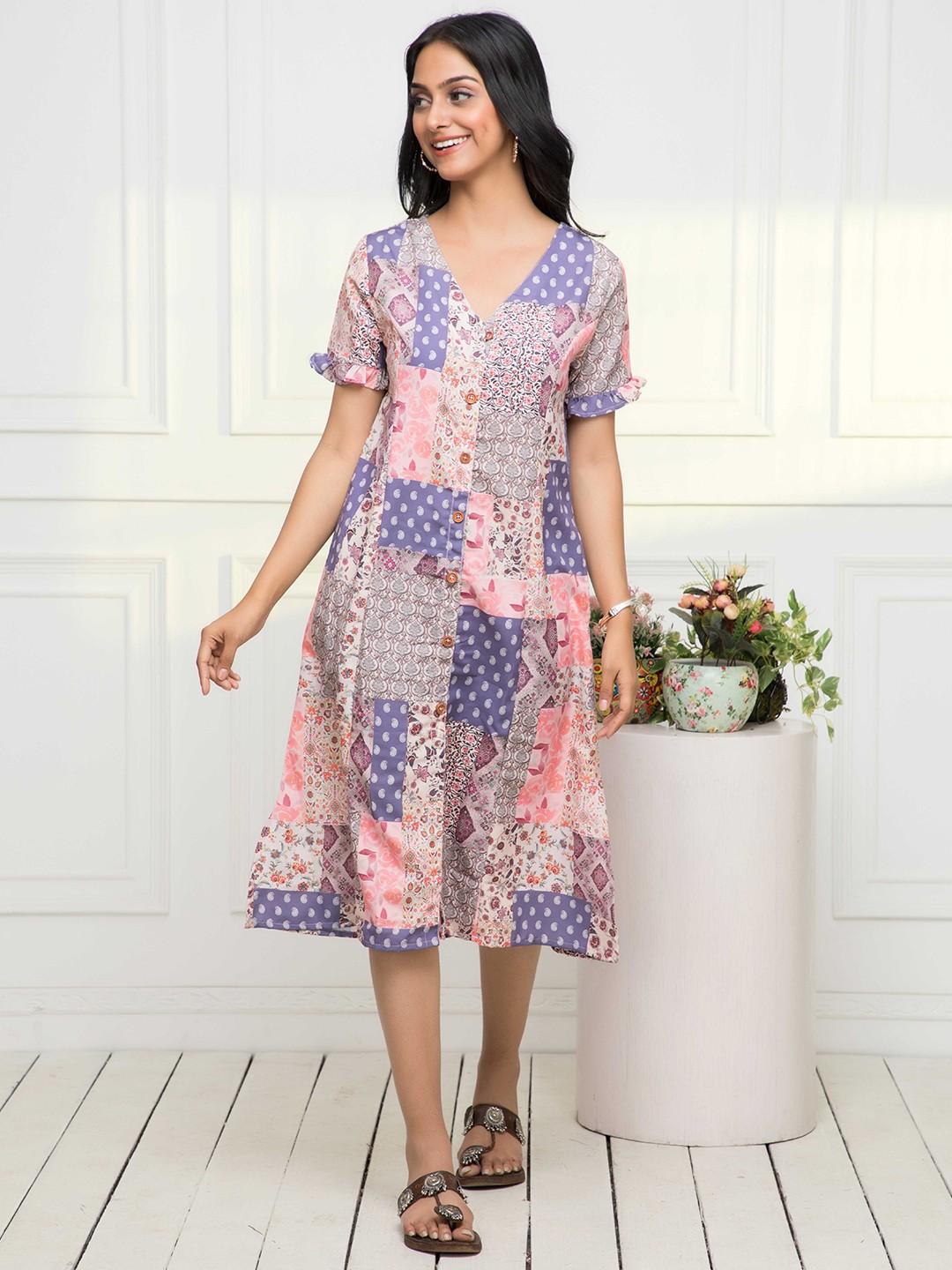 

Myshka Floral Printed A-Line Dress, Off white