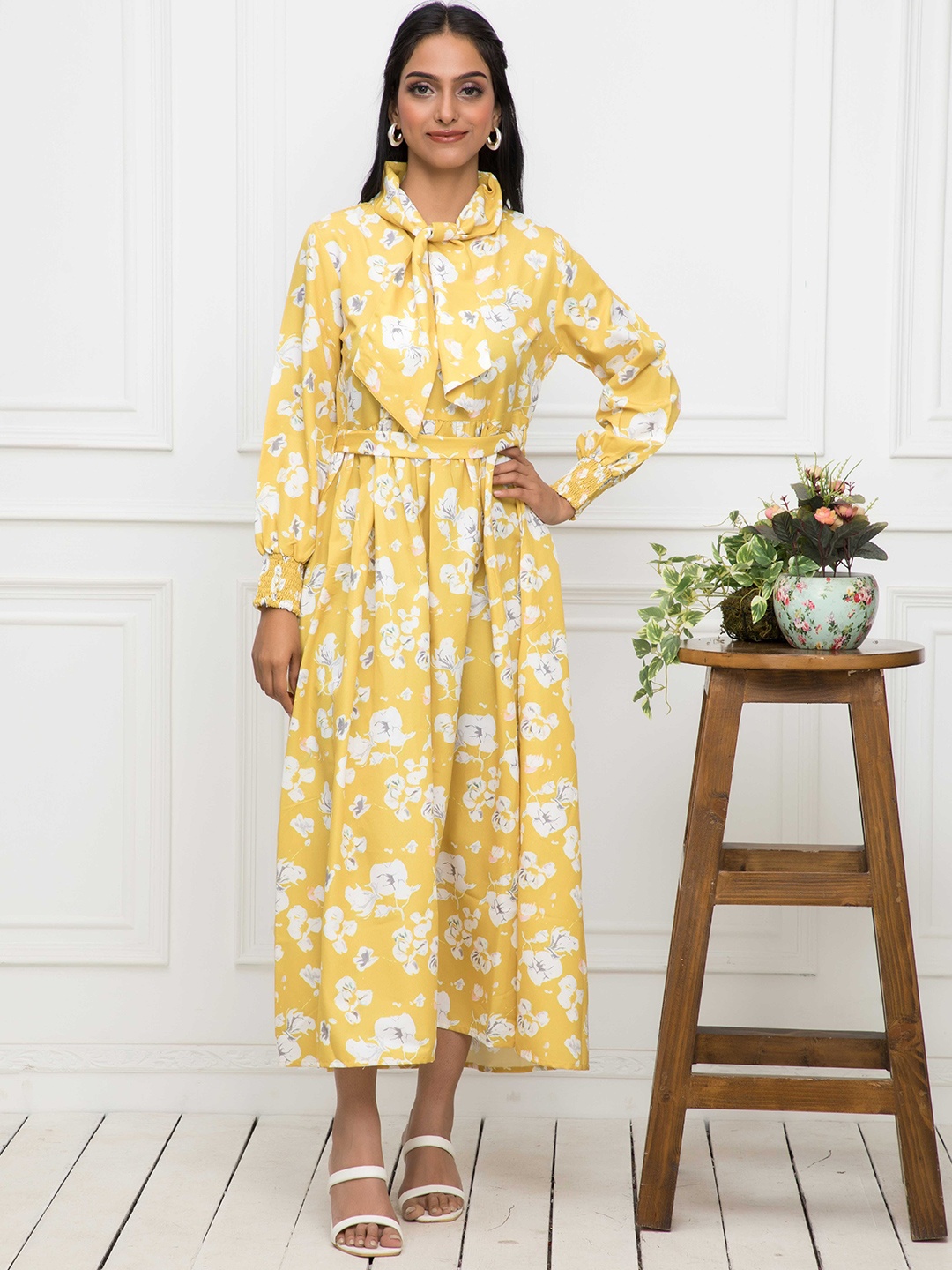 

Myshka Floral Printed Tie Up Neck Fit And Flare Midi Dress With Belt, Yellow