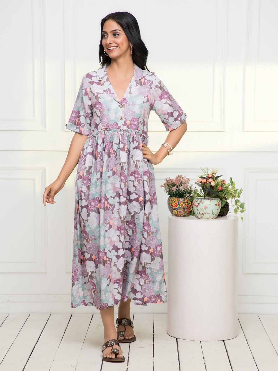 

Myshka Floral Printed Fit And Flare Midi Dress, Sea green