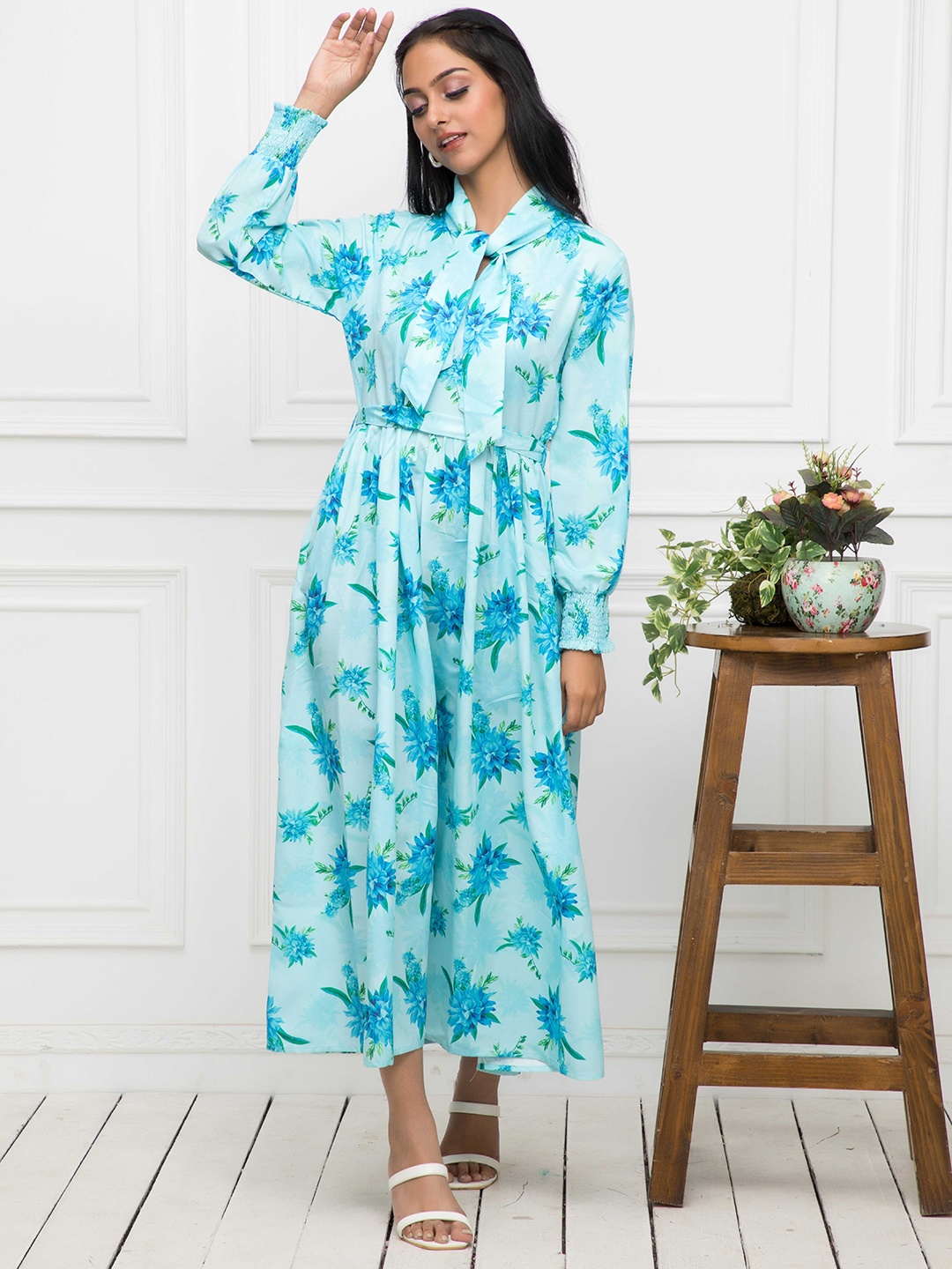 

Myshka Floral Print Tie-Up Neck Smocked Belted Fit & Flare Midi Dress, Turquoise blue