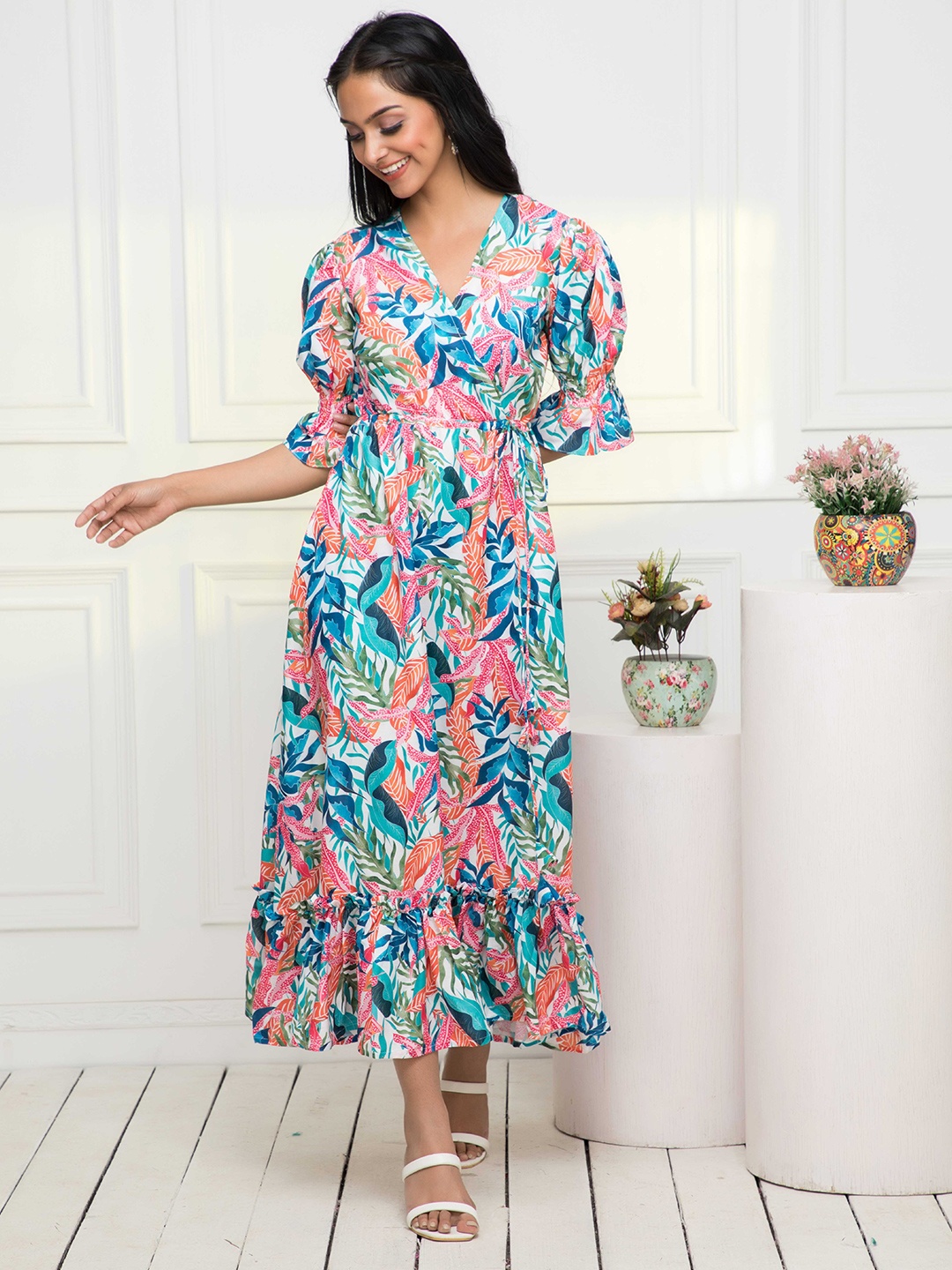 

Myshka Tropical Printed V-Neck Wrap Dress, White
