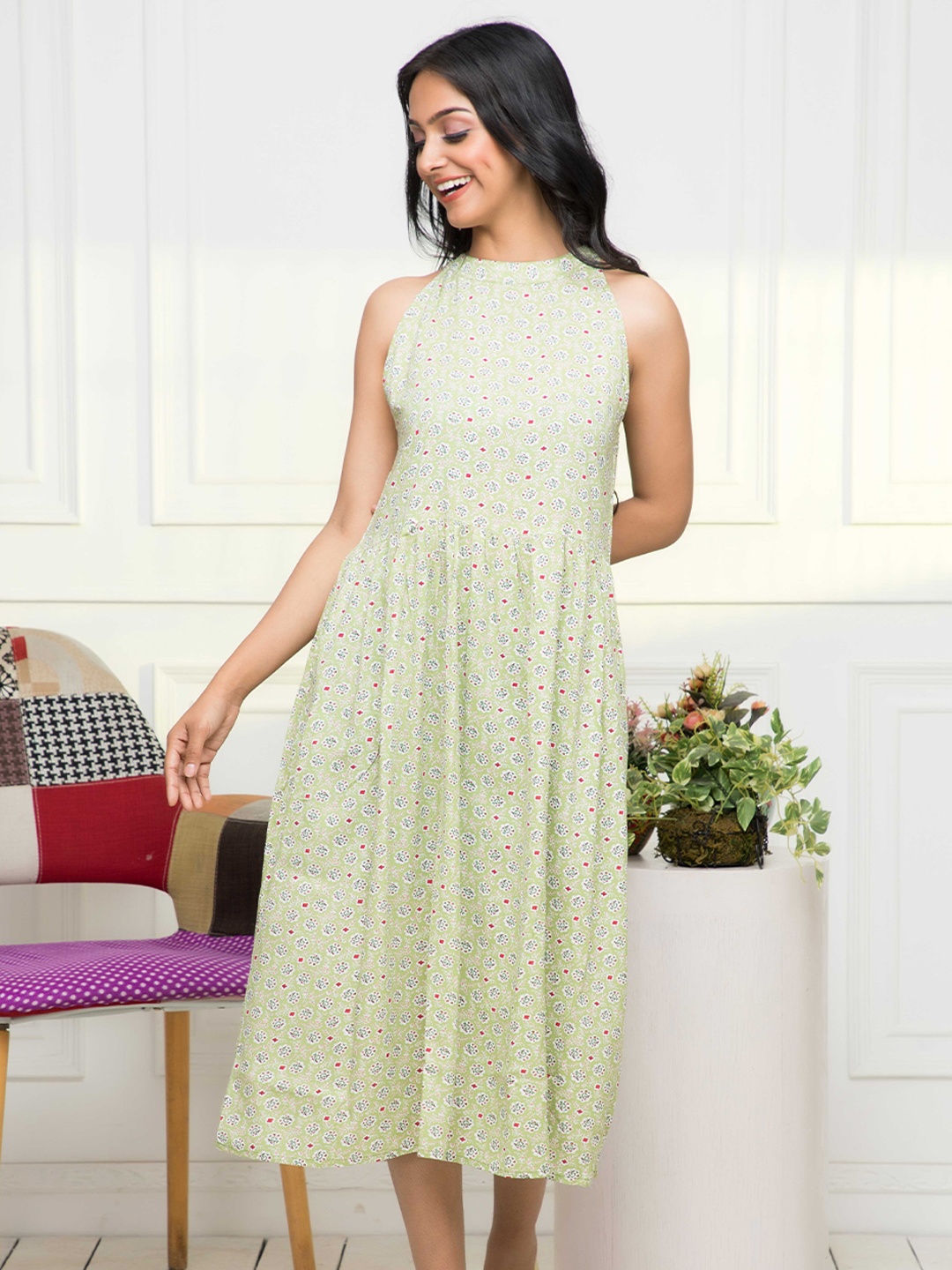 

Myshka Floral Printed Halter Neck Fit & Flare Midi Dress, Green