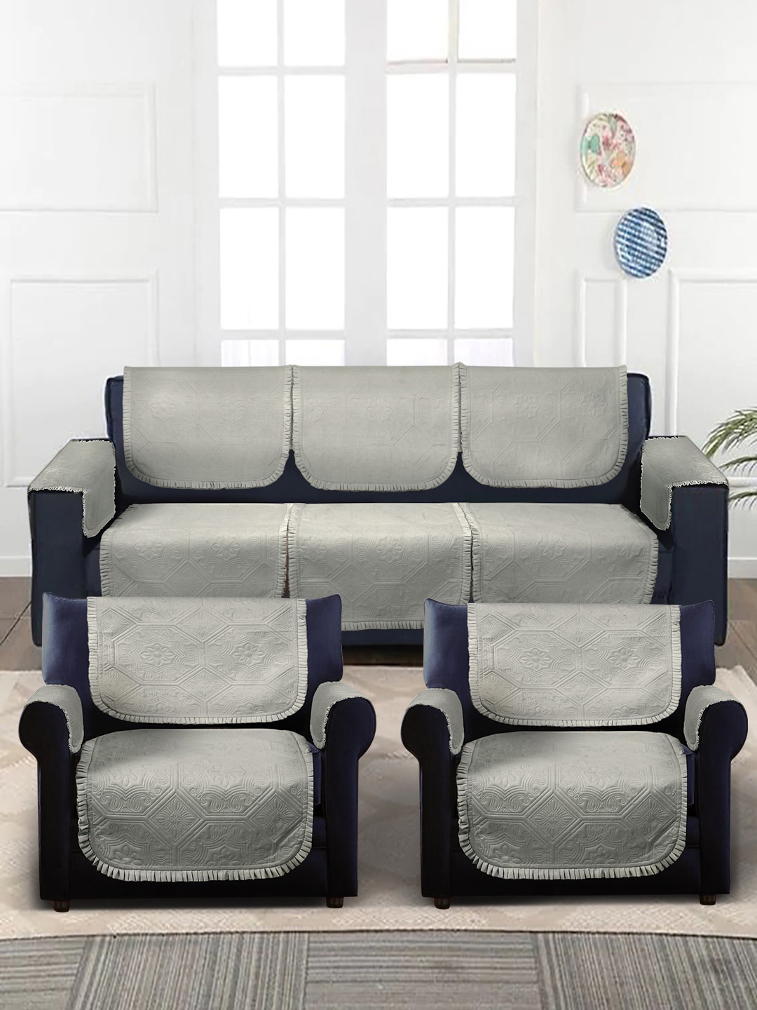 

HOSTA HOMES Grey 12 Pieces Punched Frill Design 5-Seater Sofa Covers With Arm Rest Covers