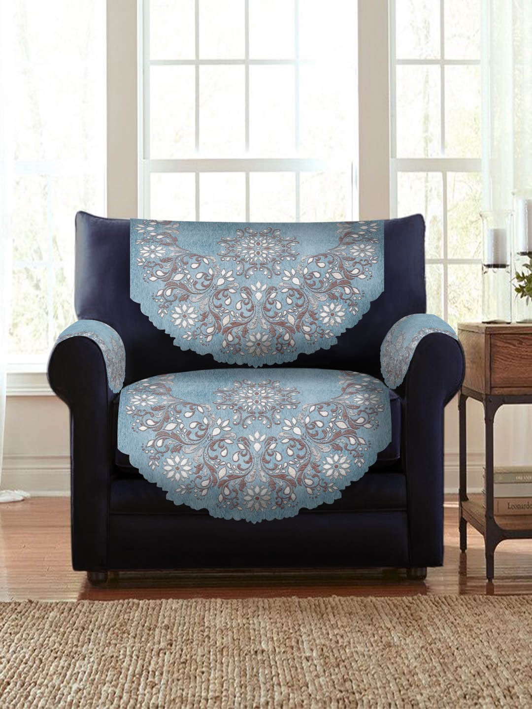 

HOSTA HOMES Turquoise Blue Printed Jaquard Velvet 5-Seater Sofa Cover With Arms