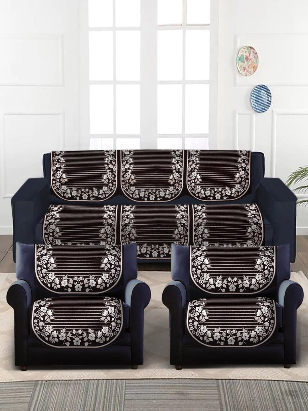 

HOSTA HOMES Brown & Beige 6 Pieces Jacquard Design Velvet 5-Seater Sofa Covers