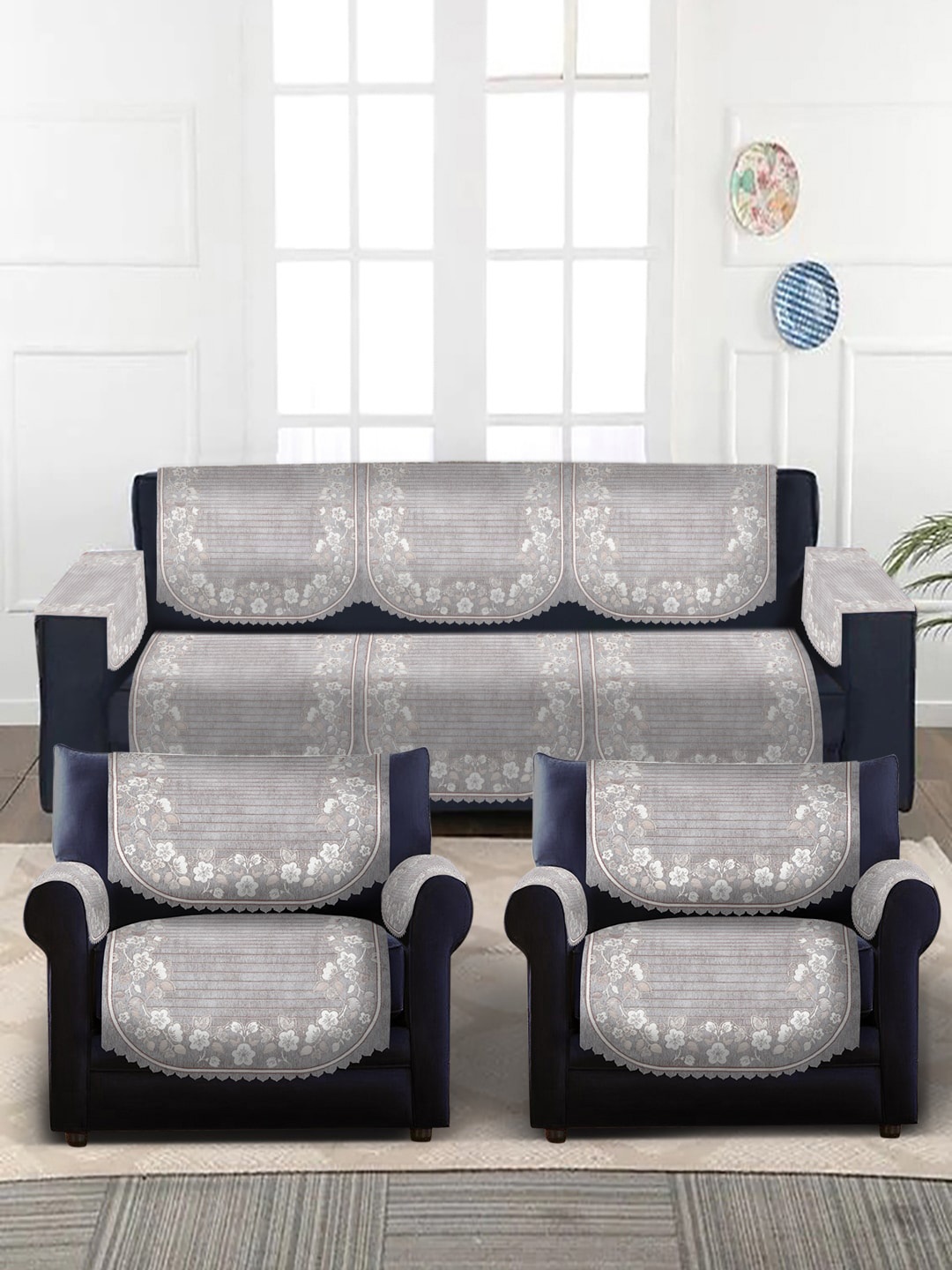 

HOSTA HOMES Brown & Beige 12 Pieces Jacquard Design Velvet 5-Seater Sofa Covers, Grey
