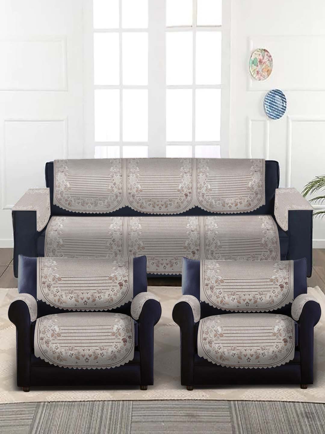 

HOSTA HOMES Beige Printed Jaquard Velvet 5-Seater Sofa Cover With Arms